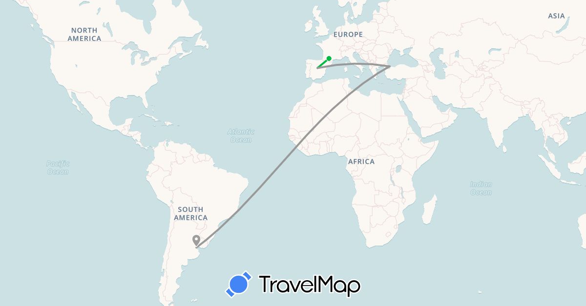 TravelMap itinerary: bus, plane in Argentina, Spain, France, Turkey (Asia, Europe, South America)
